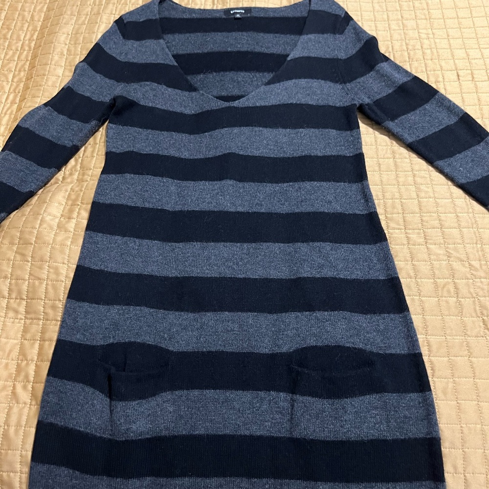 Express Gray and Black Long Sleeve A-Line Sweater Dress